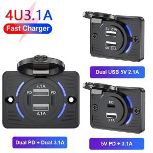 12V-24V 듀얼 USB QC3.0 PD 3.1A/2.1A 차량용 충전기 소켓 슬라이딩 캡 아울렛 패널 어댑터 트럭 캠퍼 RV용