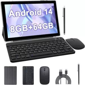 키보드가 있는 10인치 Android 14 태블릿 2개의 세트에는 케이스 마우스 스타일러스 8GB RAM+64GB ROM 쿼드