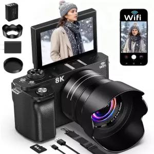 8K 디지털 카메라 사진 촬영용 8 800만 화소 3인치 180 플립 스크린 18배 줌 UHD 오토포커스 비디오 카마라