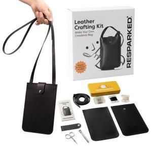 리스파킹 가죽 소형 토트백 여성용 숄더백 크로스바디 가방 검정 및 갈색 작업용 여행용 DIY 공예 키트 선물용
