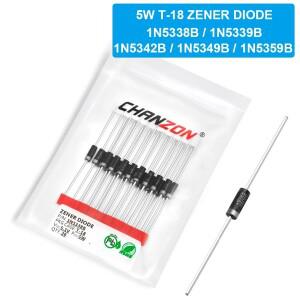 20피스 1N5338B 1N5342B 전력 제너 다이오드 5W 5.1V 6.8V 12V 24V T-18 CASE17-02 축 방향 와트