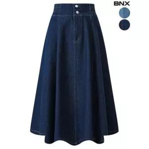 BNX 데님 투버튼 A라인 플레어 롱 스커트
