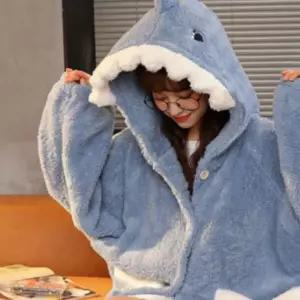 상어 동물 후드 잠옷 원피스 극세사 수면 홈웨어 파자마