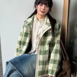 제너럴아이디어 UNI 웜 체크 플리스 집업 점퍼 GREEN SBE3U07013