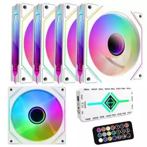RGB 팬 5팩 120mm PWM ARGB 케이스 허브 및 리모컨 포함 속도 제어 컴퓨터 액체 냉각 시스템용 흰색