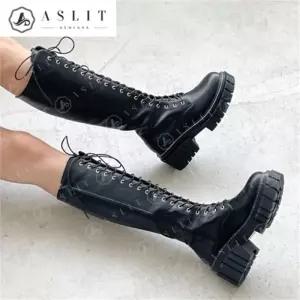 [애슬릿] 스티치 여성 키높이 통굽 워커 롱 부츠 6cm