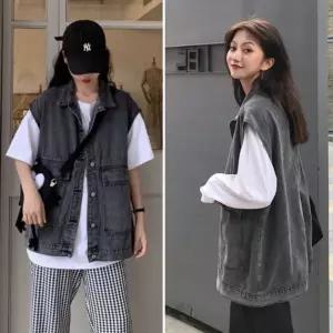 여자 캐주얼 패션 청 코디 빈티지 오버핏 블랙 진 조끼 데님 베스트