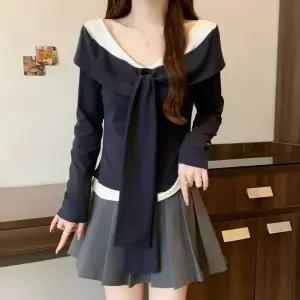 여성 브이넥 숄카라 패치워크 투피스형 엘레강스 프렌치 데일리 티셔츠 레이어드 스쿨룩