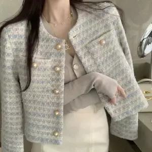 라운드카라자켓 진주단추 노카라 트위드 자켓 간절기 숏