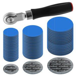 ZOSANY 91 팩 헤비 듀티 타이어 펑크 수리 키트 | 롤러 공구와 32MM 42MM 58MM 다양한 크기의 패치가 포함된 종합 패치 세트로 오토바이 스쿠터 자동차 트럭 등에 적합합니다
