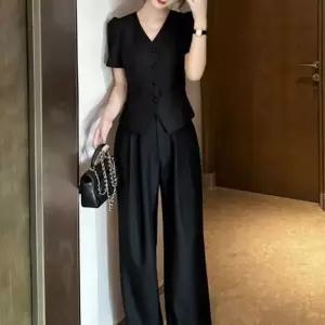 여성 V넥 퍼프 반팔 자켓 와이드 슬랙스 세트 블랙 여름