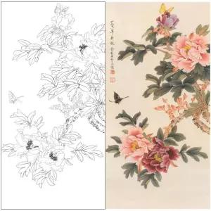 공필화 동양화 도안 민화본 채색화 화조도 모란과나비 모란도 초안 취미 DIY 모사 밑그림