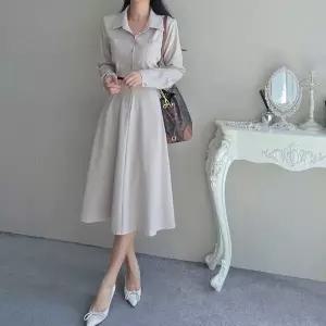 [하프클럽/](벨트세트)  네오 긴팔 셔츠 스판 A라인 뒷밴딩  롱 원피스 (2color)