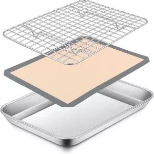 P CHEF 10.4 x 8 1 인치 토스터 오븐 팬 그리드 랙 및 실리콘 매트 포함 스테인리스 스틸 트레이 베이킹