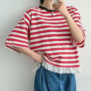 WT42092 여자 레이스 레이어드 배색 라운드 단가라 반팔 티셔츠