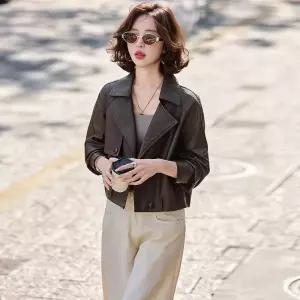 모두팜 여성 라이더 풍피 코트 숏 봄 가을 PU가죽 재킷 MOC