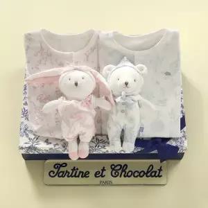 [롯데백화점]타티네쇼콜라 (쌍둥이출산백일돌선물세트)이솝내의+트왈드애착인형세(핑크+그린)TNPRXS322