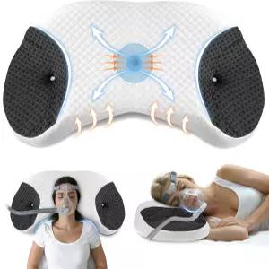 ROOWANA 측면 및 후면 수면용 컨투어 메모리 폼 CPAP 베개 블랙 누수 방지를 위한 마스크 호스 컷아웃이