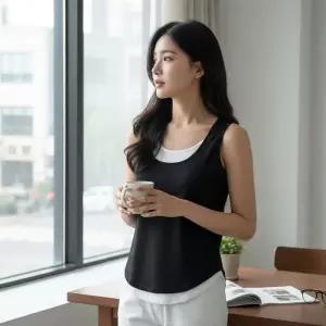 [옷자락]옷자락 여성용 봄 여름 레이어드 스쿱넥 민소매 티셔츠 미니멀