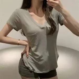 미니멀 여성 슬림핏 포켓 브이넥 반팔 티셔츠 옷자락 포인트