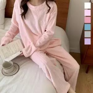 미니멀 여자 골지 수면잠옷 상하의 라운드넥 겨울 잠옷 세트 미니멀
