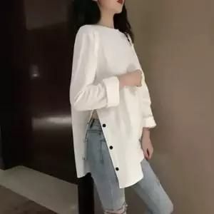 미니멀 여자 무지 여리여리 옆라인 트임 단추 롱 티셔츠 미니멀