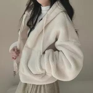 미니멀 여자 세미크롭 양털 후드집업 데일리 뽀글이 자켓 포인트