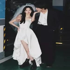 여성 끈 슬립 웨딩 드레스 미니 새틴 숏 뷔드 웨딩룩