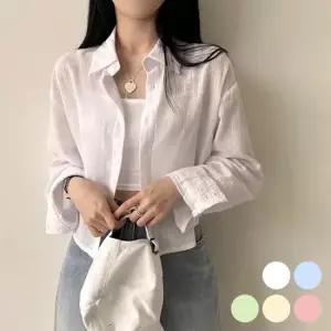 미니멀 여자 여름 쿨 거즈면 비침 세미크롭 루즈핏 카라 옷자락
