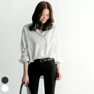 미니멀 여자 스트라이프 단가라 네이비 화이트 긴팔 셔츠 미니멀