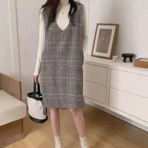 체크 민소매 H라인 원피스 1P 봄가을 레이어드 치마