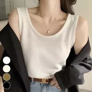 여자 박시핏 U넥 와플짜임 슬리브리스 티셔츠