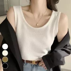 [다잇템]여자 박시핏 U넥 와플짜임 슬리브리스 티셔츠