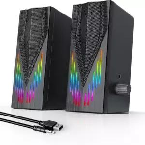 6가지 컬러 RGB 조명이 장착된 Uakinat 컴퓨터 스피커 USB 전원 3.5mm Aux와 시끄러운 스테레오 사운드