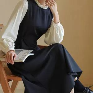 예쁜 레이스 넥라인 허리끈 슬림 롱 원피스 하객룩 블랙 데이트룩 L-D0E96