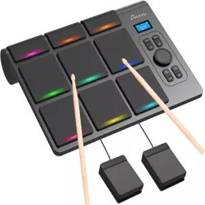OYAYO 9 패드 전자 드럼 초보자용 테이블탑 세트 속도 감도 기능 LED 조명 Mac 및 PC용 MIDI 지원 블랙
