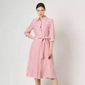 오피스룩 BCBG 린넨 벨티드 스트라이프 원피스 B4M3O602