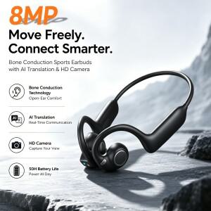 골전도 블루투스 이어폰 8MP HD 카메라 무선 이어버드 AI 어시스턴트 번역 객체 인식 헤드폰 E12