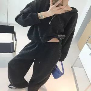 모던딥 브이넥 후드 긴팔 밴딩 와이드팬츠 가을 골지 니트지 투피스세트 (2color)