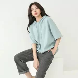 [샵앤][샵앤] 보보 국산 5부 루즈핏 원마일 여성 반팔 후드 면 티셔츠 AMI-WSH-3264-네이비