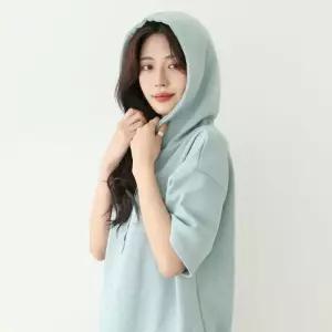 [샵앤][샵앤] 보보 국산 5부 루즈핏 원마일 여성 반팔 후드 면 티셔츠 AMI-WSH-3264-블랙