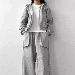 CD8689 여자 리벳 후드집업 아웃포켓 기모 와이드팬츠 세트