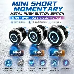 도매 16mm/19mm/22mm 블랙 쉘 리셋 버튼 스위치 짧은 미니 스타일 컴퓨터 전원 시작/재시작 버튼/pf