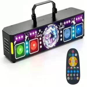 6-in-1 DMX512 사운드 활성화 스테이지 라이트 RGBW UV 스트로브 디스코 볼 더비 문플라워 효과 프로 DJ