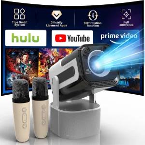 WiFi 및 블루투스 미니 프로젝터 마이크 2개 180 ANSI 루멘 4K 침실용 스마트 야외 영화 안드로이드 13