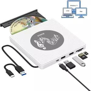BUNUD 외장 CD DVD 드라이브 노트북 PC Windows 11 Mac Linux용 USB C 3.0 버너 플레이어 - USB/TF/SD 슬롯