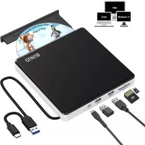 BUNUD 외장 CD DVD 드라이브 USB 3.0 및 타입 C 포트와 TF/SD 슬롯이 있는 버너 리더 라이터 슈퍼드라이브