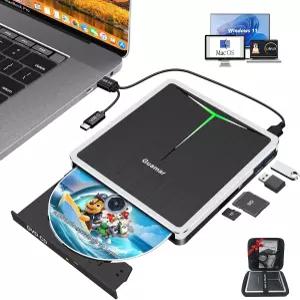 PC용 Guamar 외장 DVD 드라이브 노트북 Mac Windows 11용 USB-C CD 버너 플레이어 SD/TF 슬롯/2개의