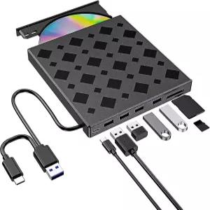 MHAHUM 8-in-1 노트북용 외장 CD/DVD 드라이브 USB 3.0 Type-C 휴대용 플레이어 및 버너 라이터 PC Mac
