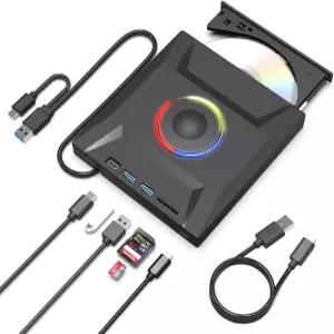 JKNJX 외장 CD DVD 드라이브 USB 3.0 및 Type-C 버너 플레이어 라이터 포트 2개와 TF/SD 카드 슬롯 1개